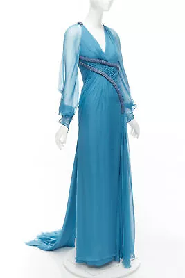 Rare VERSACE Runway Blue Silk Pailette Embellished Sheer Sleeves Draped Gown • $1998
