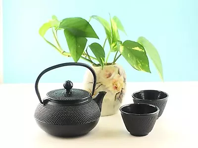 New Cast Iron Teapot 600mL & 2 Cup Set Hobnail Black Kettle Tea Pot RRP $68 • $52.50