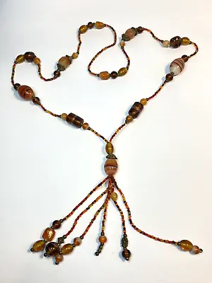 Vintage Amber Honey And Glass Bead Statement Necklace 30” Rare Tassel • $18