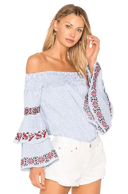 $64 • Buy Va Va By Joy Han Off Shoulder Beatrice Top Striped Embroidered Floral Small