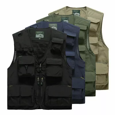 Men Sleeveless Multi-Pocket Waistcoat Safari Gilet Jacket Hiking Fishing Vest UK • £18.99