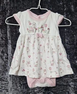 [ANGEL BABY] George Asda White Pink Rabbit Print Bow Vest Top Dress 0-3m TRACKED • £7.95