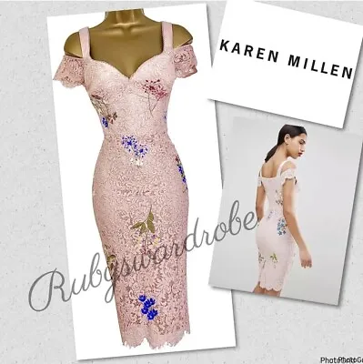 KAREN MILLEN Vintage Pink Lace Corset Bardot Occasion Cocktail Party Dress UK 8 • £89.99