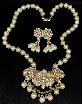 Miriam Haskell Signed Set Necklace Earrings Rare 50's Gilt Pearl Rhinestone A20 • $750