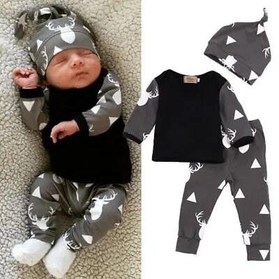 Newborn Infant Baby Boys Clothes Long Sleeve T-Shirt Tops Pants Hat Outfits Set# • £11.79