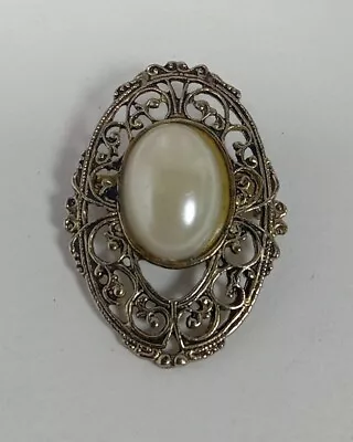 Vintage Gold Tone Filigree Faux Pearl Center Brooch Pin Jewelry • $14.24
