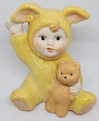 K's Collection - Ceramic Figurine Child In Bunny Rabbit Costume Holding Bear  • $21