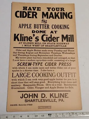 Vtg John D. Kline Cider Mill Press Shartlesville PA Advertising Cardstock Sign • $29.99