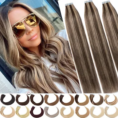 £23.28 • Buy Full Head THICK Tape In Remy Human Hair Extensions Skin Weft Straight Balayage L