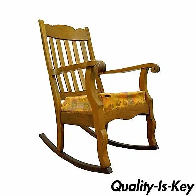 Antique Mission Arts & Crafts Carved Solid Oak Rocking Lounge Chair Rocker Vtg • $395