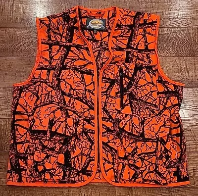 Cabelas Seclusion Blaze Orange Canvas Camo Vest Mens L Full Zip Burr Proof • $40
