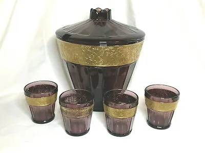 Moser Bohemian Art Glass Sovereign Pattern Amethyst Punch Bowl With 4 Glasses • $345