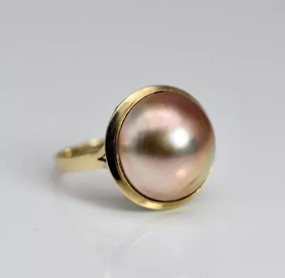 14K Yellow Gold 15mm TAUPE MABE PEARL WITH STRONG ORIENT RING SIZE 7.25 • $325