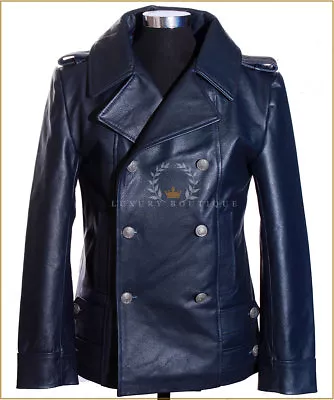 German Naval Navy Blue Men's Military WW2 Real Cowhide Leather Jacket Pea Coat • £169.99