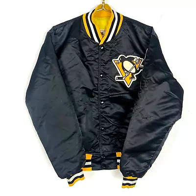 Vintage Pittsburgh Penguins Starter Satin Jacket Large Black  Snap Button Nhl • $148.74