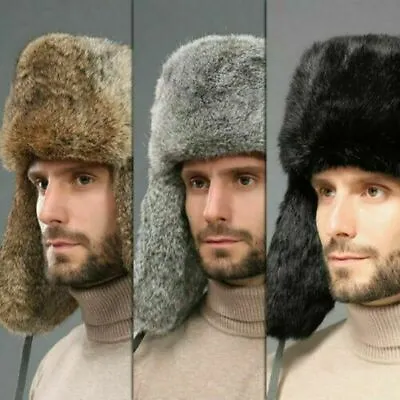 Mens Earflap Russia Ski Trapper Genuine Rabbit Fur Cap Ushanka Winter Real Hat • £22.01