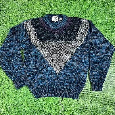 VTG Sears & Roebuck Men's Hand Knit Chunky Teal Gray Purple Acrylic Sweater L • $31.95