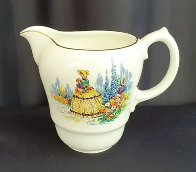 £12 • Buy Vintage Bovey Pottery Jug White With Gold Rim Victorian Lady In Garden Design