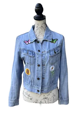 I Love H81 Light Blue Cropped Floral Patch Jean Jacket Women Size L • $34.99