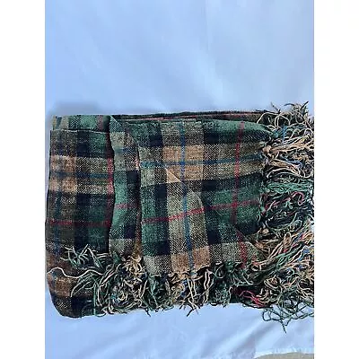 Vintage Retro Plaid Acrylic Throw Blanket Fringe Green Cozy Oversized 55x103 • $25