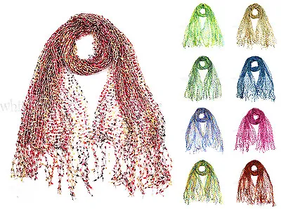 66  Wide Crochet Confetti Spring Summer Scarf Knit Multi Color Fringe Fashion • $7.95