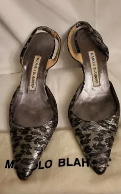 MANOLO BLAHNIK Black Silver Metallic Leopard Print Heels Slingback Shoes Sz 36.5 • £61.75
