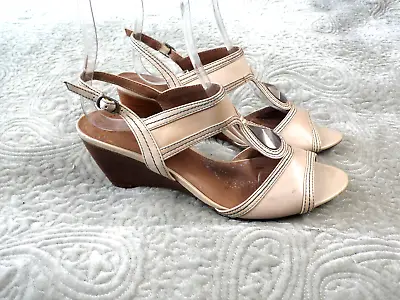 M & S Footglove Sandals Beige Leather Wedge Heel  Slingback  Uk  8 EU 42 • £14.99