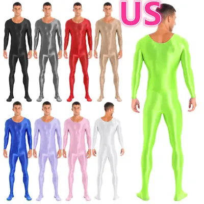 US Men's Shiny Jumpsuits Oil Full Bodysuit Elastic Unitard Footed Tight Smooth • $14.89