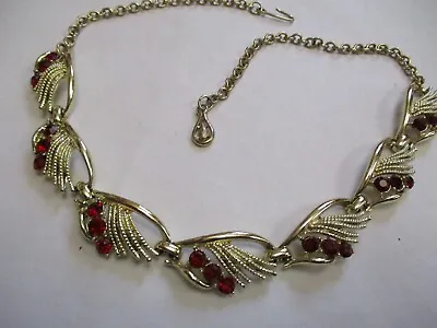 Vintage CORO ? Gold Tone Swirl Link Red Rhinestone Beaded Collar Necklace • $7.99