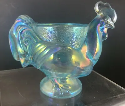 Vintage Imperial Carnival Glass Blue Iridescent Egg Cup Label Chicken Rooster • $39.99