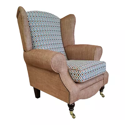 Queen Anne Wing Back Cottage Fireside Chair Orange And Blue Honeycomb Design • £479