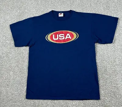 VTG Nike Shirt Mens Large Blue Short Sleeve USA Double Sided Check Swoosh 90s • $24.95