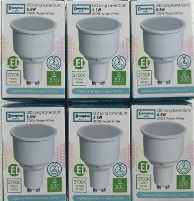 6x Crompton 5.5W GU10 Long Neck LED Bulb 74mm X 50mm 2700k Warm White 13452 • £29.48