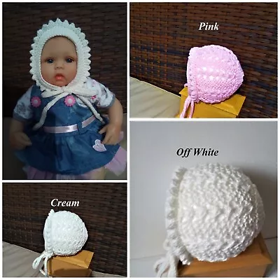 Pretty Hand Knitted Traditional Baby Girls Bonnet / Hat -100% COTTON - 3 Sizes • £5.99