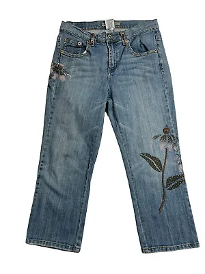 Z Cavaricci Jeans Womens Sz 10 Rhinestone Flower Embroidered Wide Leg Crop Boho • $22.88
