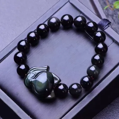 1 Pc 16mm Natural Obsidian Quartz W Rainbow Brave Troops Bracelet Reiki Healing • £24.12