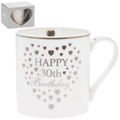 Fine China Birthday Age Mug Boxed Gift Silver Hearts - 30th • £8.18