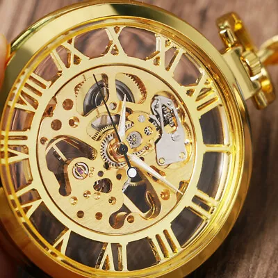 Luxury Mechanical Pocket Watch Pendant Transparent Skeleton Roman Numerals Dial • $13.29