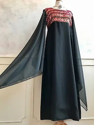 Vintage PETERSON MAID Of LONDON Black Medieval Kimono Brocade 1970's Dress M 12 • £175