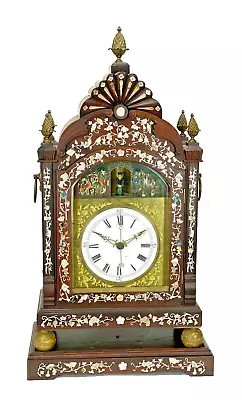 Vintage Animated Waterfall Mother Of Pearl Inlaid 9 Bell Musical Bracket Clock • $16500