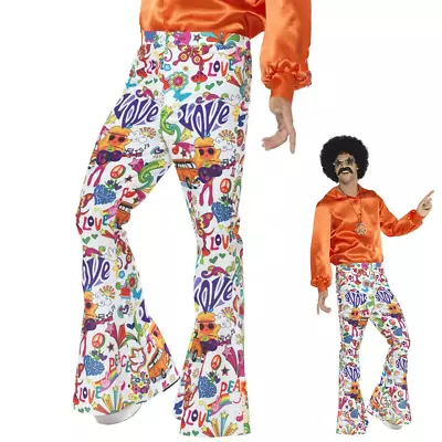 Mens 60s Hippy Hippie 70s Disco Flares Flared Trousers Adult Fancy Dress Outfit • £15.99