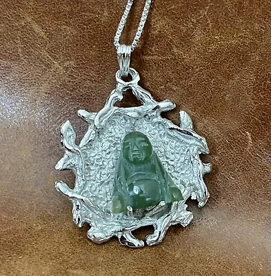 Vintage Chinese Carved Green Jade Buddha Sterling Silver Pendant Necklace 20” In • $75