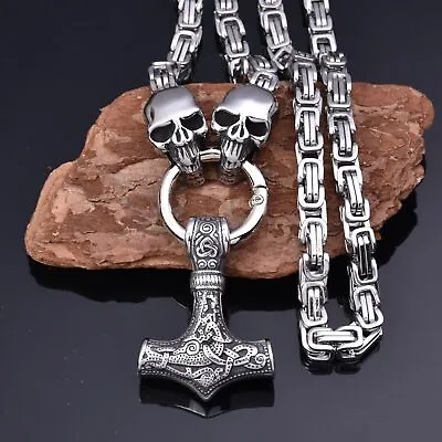 Men's Stainless Steel Skull Chain&Viking Thor Hammer Mjolnir Pendant Necklace  • $6.99