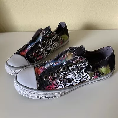 Don Ed Hardy Skull  Black Slip On Laceless Shoes Sneakers Sz 8 Love Kills Slowly • $25