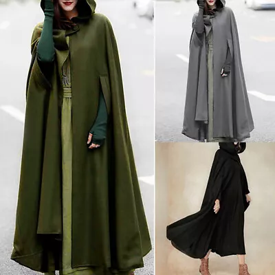 🦎Womens Loose Long Cape Cloak Hooded Coat Winter Outwear Medieval Robe Costume • £25.84