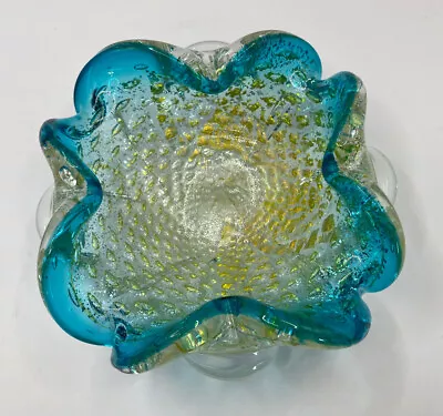 VTG Murano Style Art Glass Ashtray Bowl Dish Turquoise W/ GoldMetallic Flecks 5” • $23.99