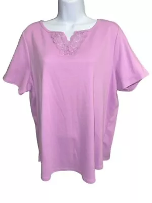 Quacker Factory Top XL Purple Floral Crochet Cotton Polyester Short Sleeve Shirt • $9.95