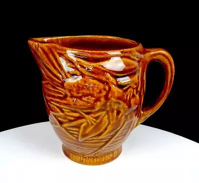 McCoy Pottery Bird & Berries Amber Stoneware 20oz Vintage 5 1/8  Pitcher 1930s • $42.47