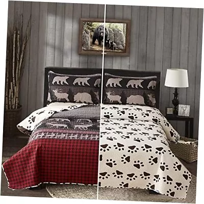 King Size Quilt Set Lodge Rustic King(Quilt 108 *96 ) Red Black Plaid Bear • $57.74