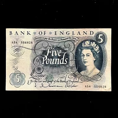 England. 1963 Bank Of England Five Pounds Banknote. J.q. Hollom  Scarce. • £0.99